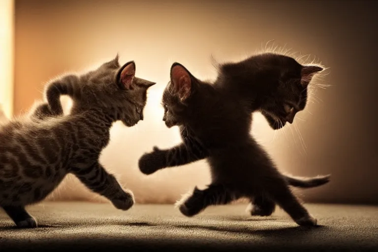 Image similar to A professional photo of two kittens play-fighting each other; high-quality, dramatic lighting, extremely high detail, trending on artstation