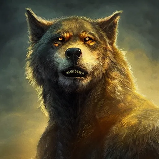 Image similar to majestic gracious terrifying werewolf portrait, atmospheric lighting, painted, menacing, intricate, volumetric lighting, beautiful, rich deep colours masterpiece, golden hour, sharp focus, ultra detailed, by leesha hannigan, ross tran, thierry doizon, kai carpenter, ignacio fernandez rios