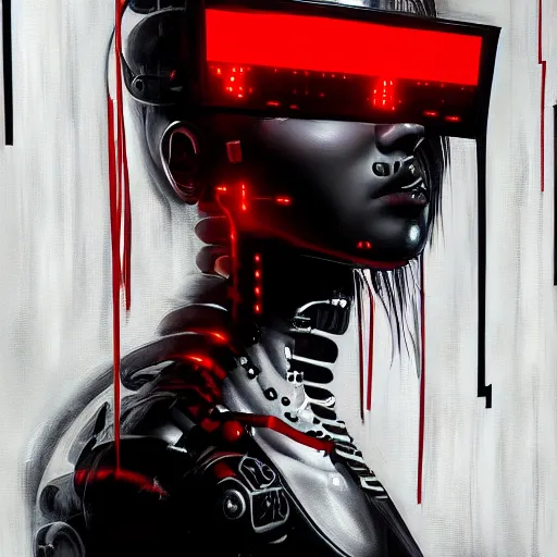 Image similar to cyberpunk human robot, scary, menacing, red and black and white, varnished painting, visible canvas, highly reflective, realistic reflections, realistic lighting, glossy, realistic