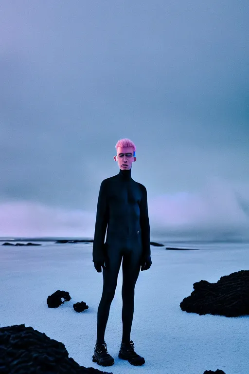 Image similar to high quality pastel coloured film wide angle selfie photograph of an androgynous cyber model standing in an icelandic black rock environment. three point light. photographic. art directed. pastel colours. volumetric light. stark. rocks. waves. 8 k. filmic.