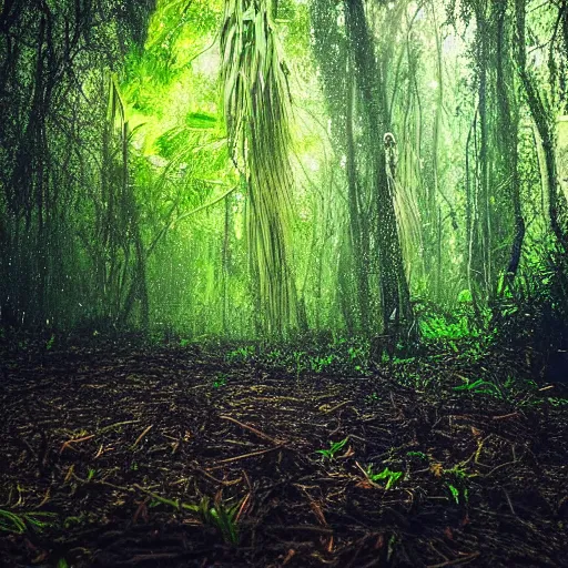 Image similar to dark tropical forest, life, sparkling spirits, detailed wide shot, photograph, ground detailed, wet eyes reflecting into eyes reflecting into infinity, beautiful lighting