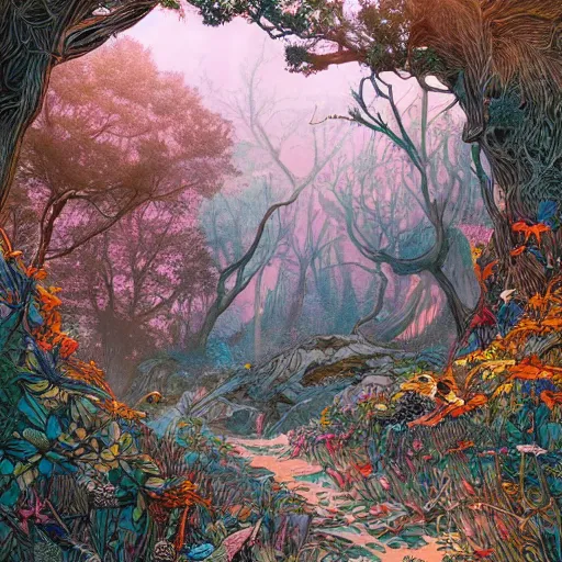 Prompt: beautiful, wistful, aesthetic landscape of an open forest, illustration by kim jung gi, rainbow colored, extremely detailed, intricate linework, sharp focus, bright colors, octopath traveler, global illumination, radiant light, detailed and intricate environment