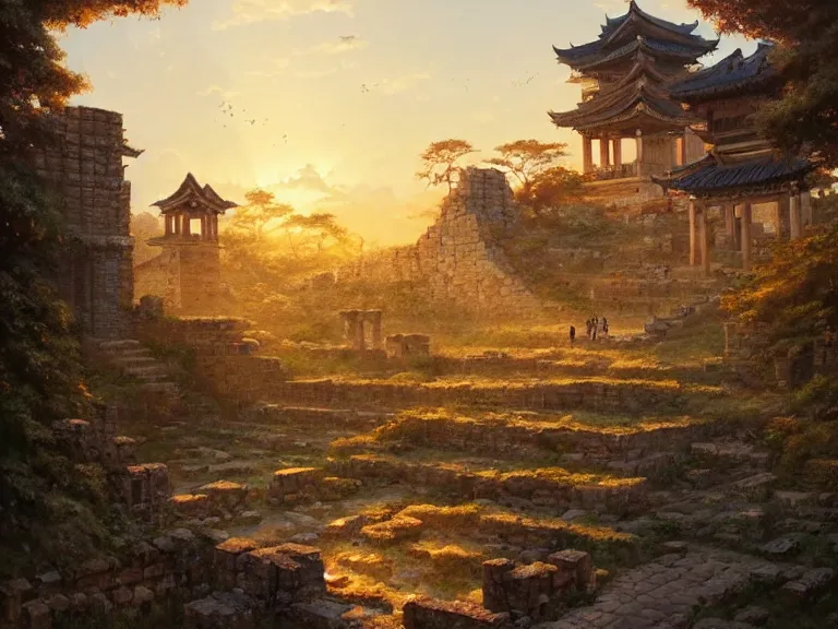 Prompt: ancient city ruins, ⛩, oil painting, 8 k, beautiful, vine, golden light, highly detailed, smoothly, artstation, cinematic, by wlop, by greg rutkowski, by artgerm