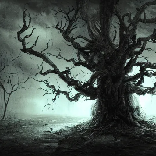 Prompt: A cursed tree,gloomy lighting,creepy atmosphere,digital art , highly detailed , high contrast, beautiful lighting, award winning ,u trending on art station, 8k, photo realistic