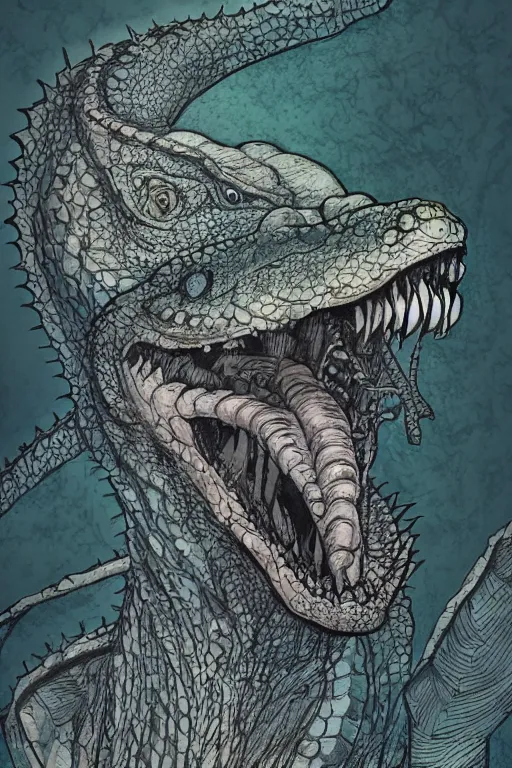 Image similar to portrait of joyful laughing lizardfolk head and shoulders, in the style of Greg Broadmore and Arthur Rackham and Moebius, trending on artstation, light lighting side view,digital art,surrealism ,macro,blueprint ,vaporwave ,