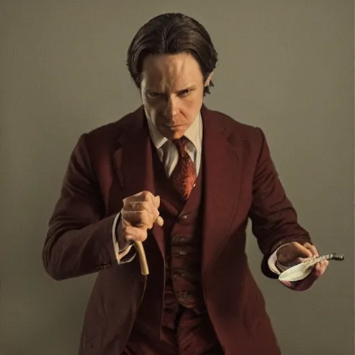 Prompt: Photo of a stern man in a crimson peak lapel suit holding up a spoon in his hand in a menacing way, chiaroscuro, medium full shot