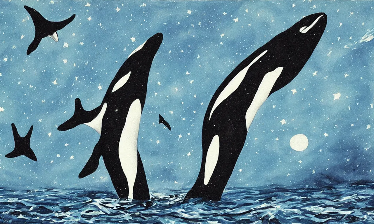 Image similar to orca among the stars in the style of famous painter