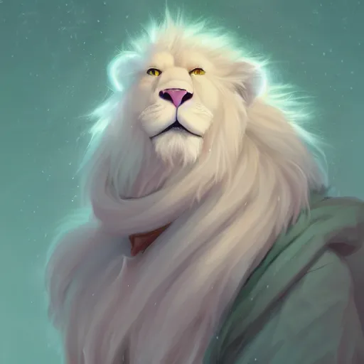 Prompt: aesthetic portrait commission of a albino male furry anthro lion wearing a cute mint colored cozy soft pastel winter outfit, winter atmosphere character design by charlie bowater, ross tran, artgerm, and makoto shinkai. art from furaffinity, weasyl, deviant art, inkbunny