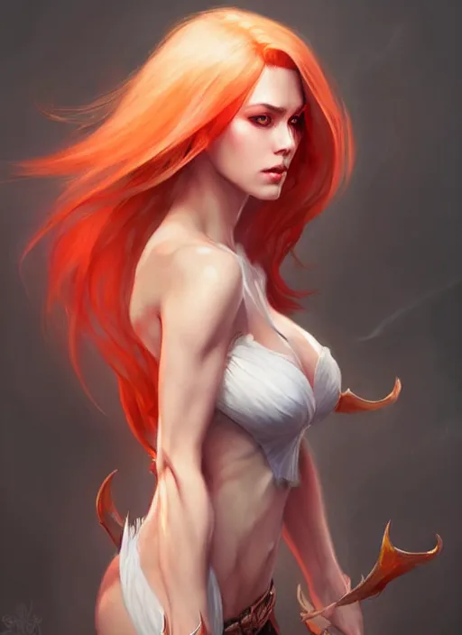 Prompt: d & d concept art of gorgeous woman with half white half red hair in the style of stefan kostic, realistic, half body shot, sharp focus, 8 k high definition, insanely detailed, intricate, elegant, art by stanley lau and artgerm, foggy backgeound, fantasy