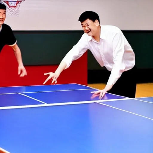 Image similar to a photo of yao ming playing ping pong with bill gates