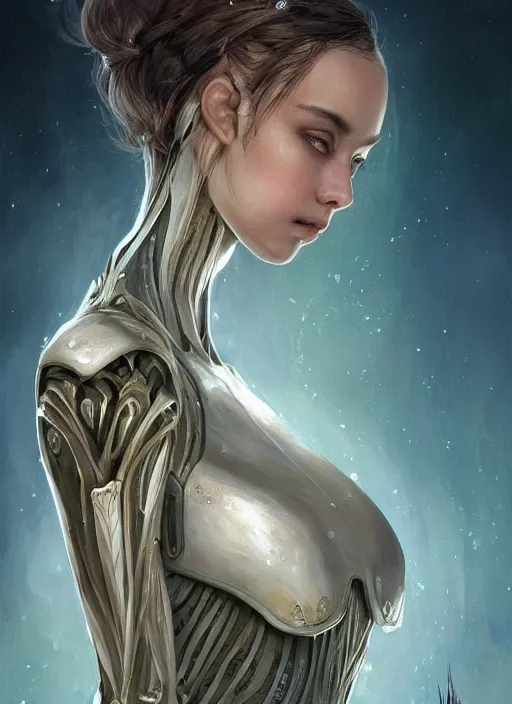 Image similar to a professional painting of a beautiful young female alien, clothed in ethereal armor, olive skin, long dark hair, beautiful bone structure, symmetrical facial features, intricate, elegant, digital painting, concept art, smooth, sharp focus, illustration, from Valerian and the City of a Thousand Planets, by Ruan Jia and Mandy Jurgens and Artgerm and William-Adolphe Bouguerea