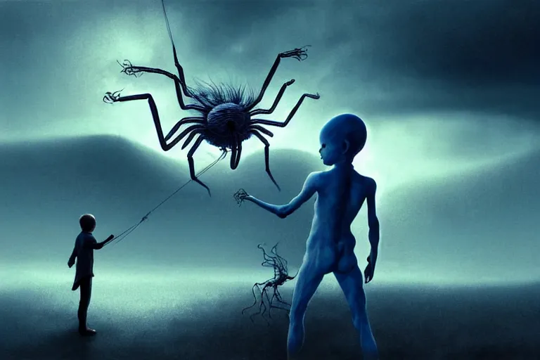 Image similar to realistic detailed photorealistic film portrait shot of a ghost kid playing with giant spider, futuristic sci-fi landscape on background by Denis Villeneuve, Amano, Yves Tanguy, Alphonse Mucha, Ernst Haeckel, Max Ernst, Andrei Tarkovsky, Edward Robert Hughes, Roger Dean, necklace, dynamic pose, rich moody colours, wide angle, blue eyes