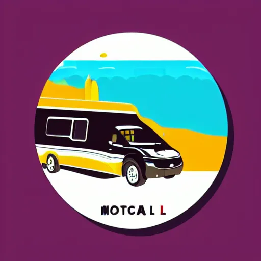 Prompt: very very very stylized minimal vector graphic of a thor chateau motorhome, highway, mountains and sunset!!, white background, all enclosed in a circle, dramatic, professional minimal graphic design cartoon, award winning