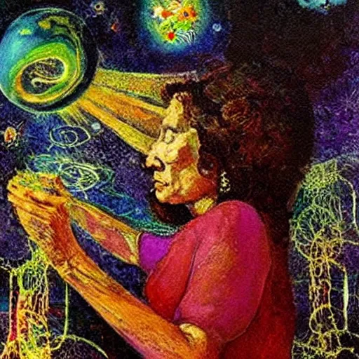 Image similar to A illustration. A rip in spacetime. Did this device in her hand open a portal to another dimension or reality?! symbolism by Margaret Olley ghostly