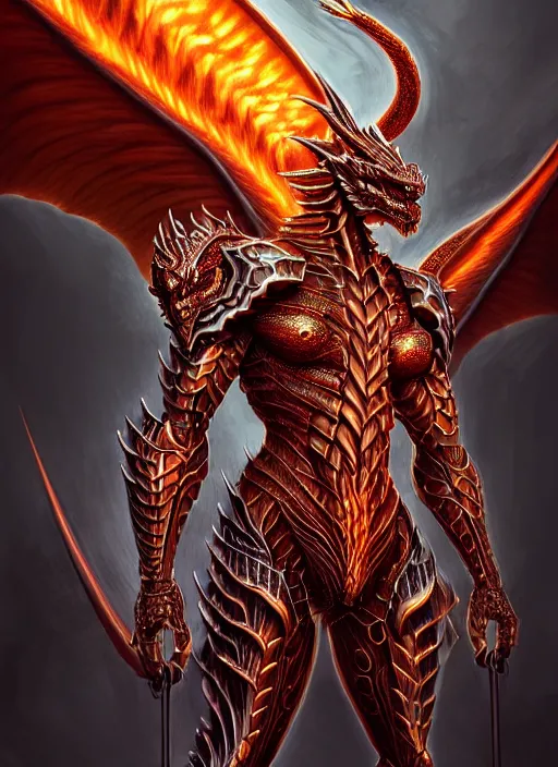 Image similar to muscular and tall ghostly fire humanoid dragon!!!! draconian!! intricate ornate iridescent heavy armor!! character concept art, sharp focus, octane render! unreal engine 5! highly rendered!! trending on artstation!! detailed linework!! illustration by artgerm, wlop, and chie yoshii