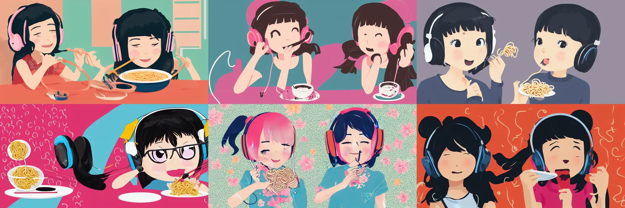 Prompt: Kawaii illustration girl wearing headphones, eating noodles