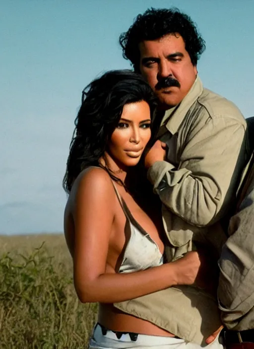 Image similar to film still of kim kardashian hugging Pablo Escobar, Pablo holding her waist, abandoned shack