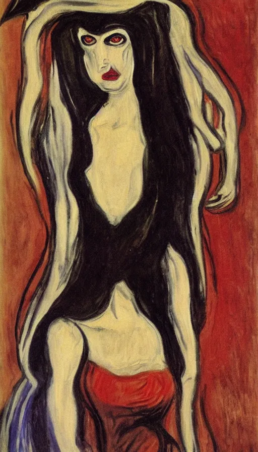 Prompt: carmilla vampire, expressionist painting, by edvard munch, catacombs