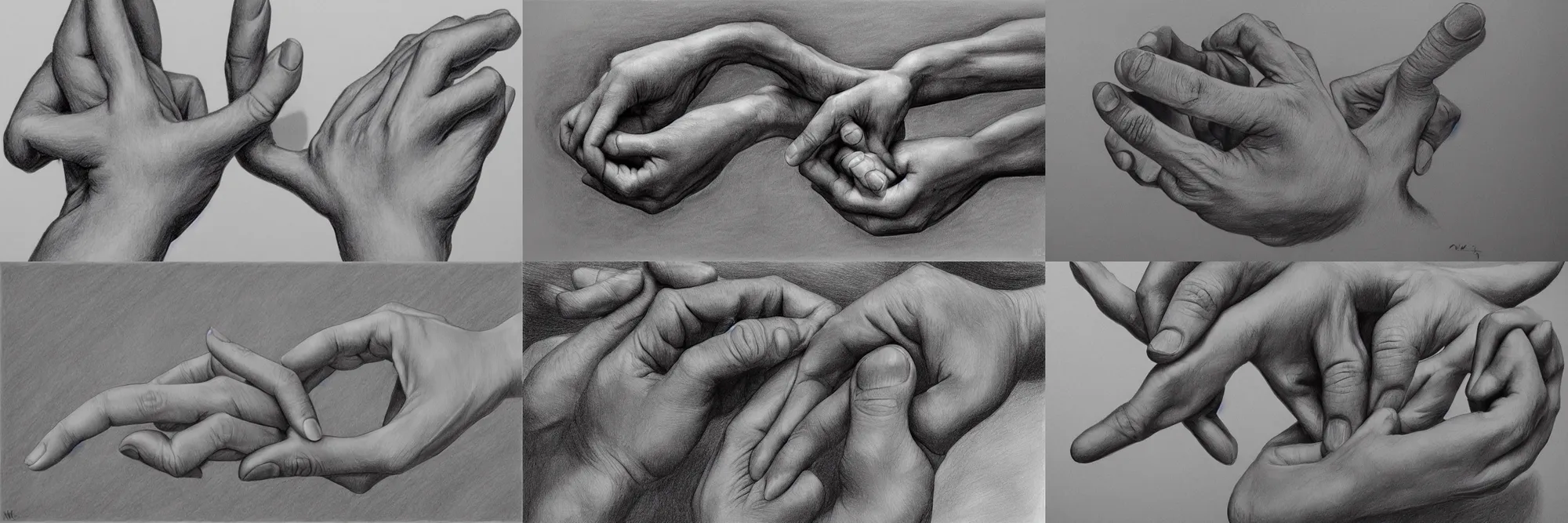Prompt: Drawing Hands by M. C. Escher, large canvas, artstation, masterpiece, ultrarealistic, award winning, coherent, anatomically accurate