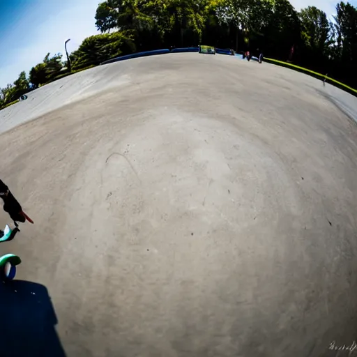 Prompt: Yoda skateboarding towards the camera, photograph, fisheye lens