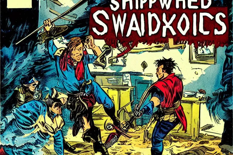 Image similar to comic book cover of a shipwrecked sailor fighting a pirate with swords in a tavern. detailed. action. adventure.