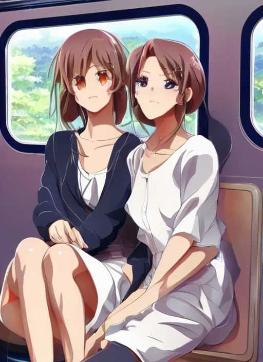 Image similar to two beautiful mothers on the train, summer clothes, gorgeous faces, thick lines, cinematic lighting, detailed anime art