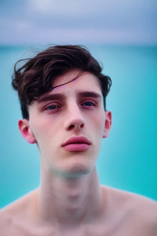 Image similar to high quality pastel coloured film mid angle docu photograph of a beautiful young 2 0 year old male, soft features, short black hair, resting in an icelandic black rock pool environment. atmospheric. three point light. photographic. art directed. ( pastel colours ). volumetric light. clearcoat. waves glitch. 8 k. filmic.