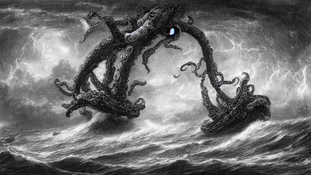 Prompt: drawing of a giant octopus attacking a space ship above a stormy ocean, by gustave dore, nineteenth century, black and white, vintage, science fiction, epic composition, dramatic lighting, highly detailed