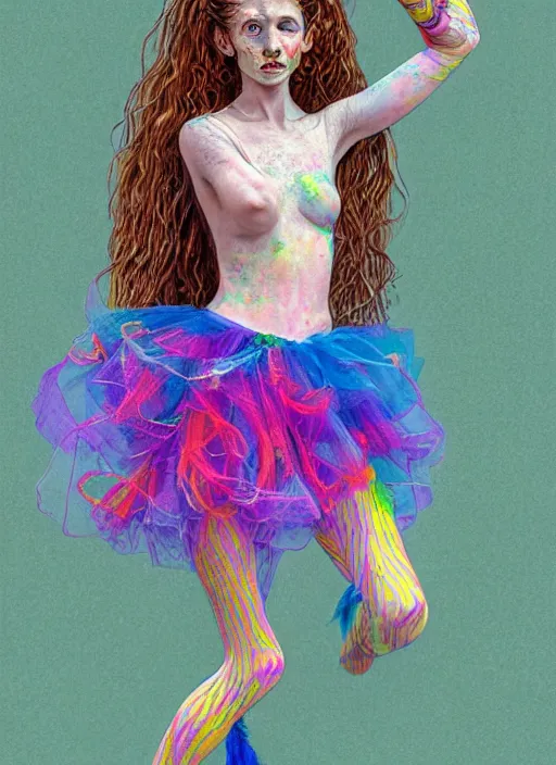 Prompt: surrealism psychedelic full body portrait sketch of thomasin mckenzie as delirium of the endless in fishnet top and rainbow tutu skirt from the sandman, floating goldfish, green and blue eye heterochromia by alex ross, josh kirby, detailed, elegant, intricate