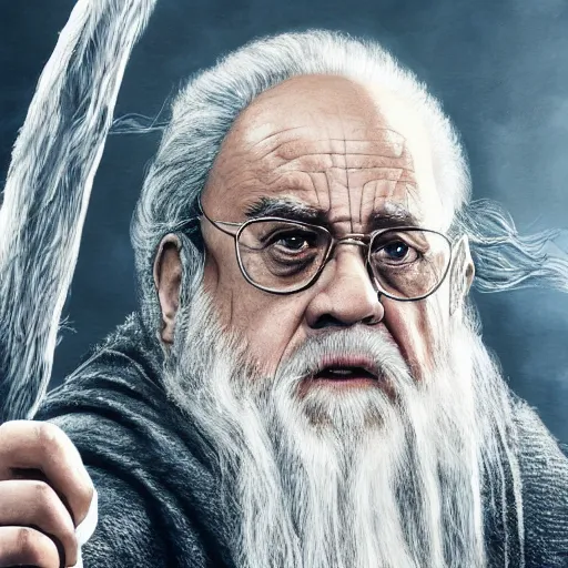 Image similar to ultra realistic illustration, danny devito as gandalf the white from lord of the rings movie, full body, high quality, highly detailrd, wide angle, illustration, digital art, full color