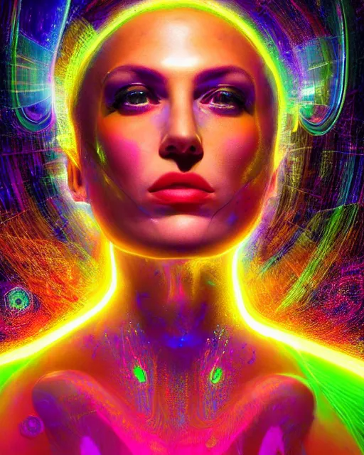 Image similar to a powerful energy psychedelic matrix queen, by alexander fedosav, hyper detailed digital matte painting, concept art, hyperrealism, 1 6 k resolution, cinema 4 d, 8 k resolution, trending on artstation, behance hd, a masterpiece, by stephan martiniere, particles, cel - shaded, power bright neon energy, by david a. hardy,