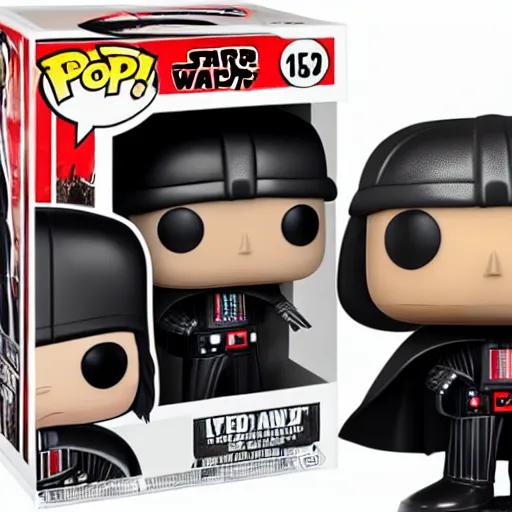 Image similar to a darth vader funko pop wielding a red lightsaber on a table inside a suburban house