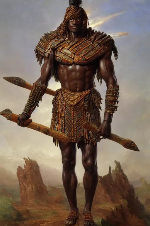 Prompt: a powerful and muscular male african warrior, tribal armour, realistic oil painting by Thomas Cole and Wayne Barlowe