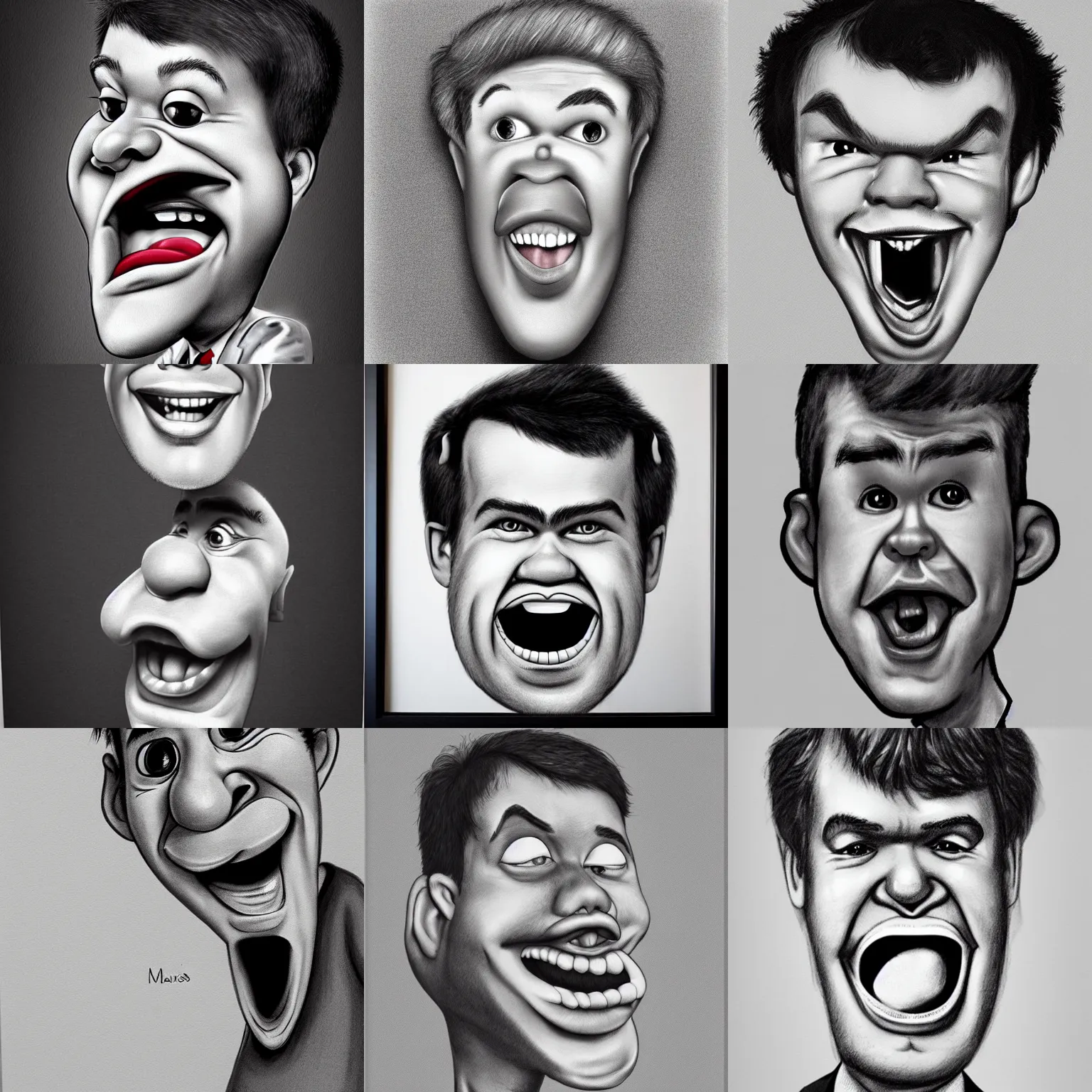 Prompt: Magnus Carlsen, masterpiece silly caricature, oversized mouth, charcoal