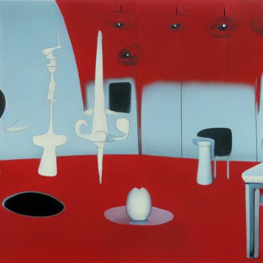 Prompt: red kitchen, by yves tanguy