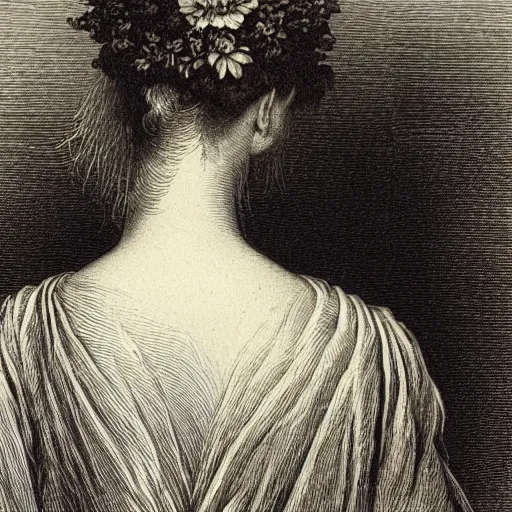 Image similar to extreme close-up, portrait of a beautiful french woman from behind with a single flower in head, Gustave Dore lithography