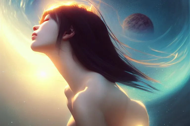 Image similar to a dreaming dreamer floating on the space, full body, occlusion shadow, specular reflection, rim light, unreal engine, octane render, artgerm, artstation, art by hiroaki samura, high quality, intricate detailed 8 k, dreamy illustration, extremely beautiful and aesthetic shape of face and body, movie poster