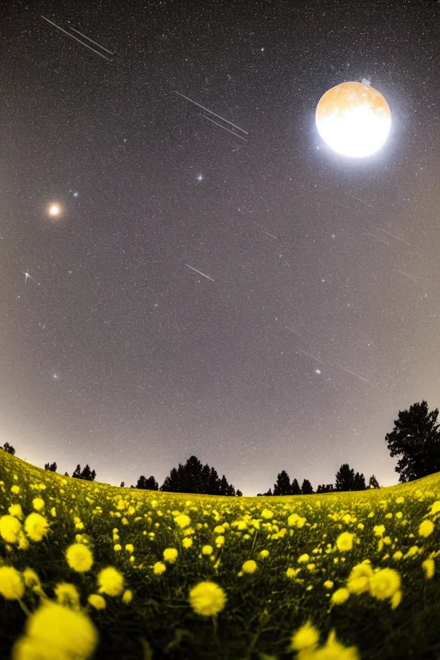 Prompt: low angle, shot from below. two very large moons in night sky. milky way in the night sky. 3 0 second shot. heavy meteor shower. field of big frozen yellow flowers. f 1. 8 lens, 8 mm, lens flare, bokeh. high detail. photorealistic