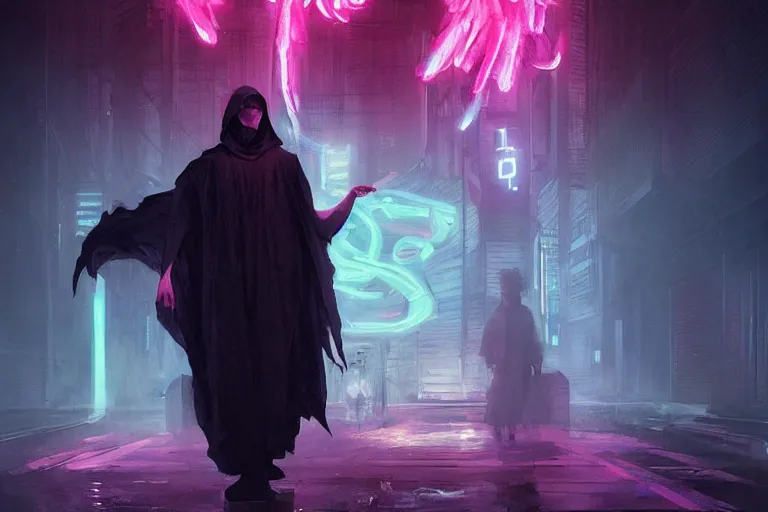 Image similar to Dementor from Harry Potter in cyberpunk, neon lighting, figure in center, digital art from artstation by Ruan Jia and Mandy Jurgens and Artgerm and william-adolphe bouguereau and Greg Rutkowski and Wayne Barlowe