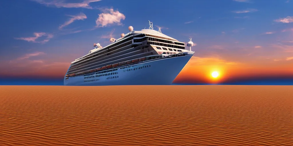 Image similar to a cruise ship sailing thru sahara desert while making big waves in sand, sunset background, detailed, digital photo, 2 - point perspective