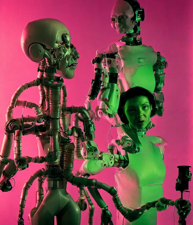 Image similar to a female mad scientist building a humanoid robot man, in a darkly lit laboratory room, 1 9 5 0 s horror film movie poster style, ( norman rockwell oil painting ), medium shot, close - up shot, retro science fiction, vintage, saturated pink and green lighting, shadowy lighting, cohesive