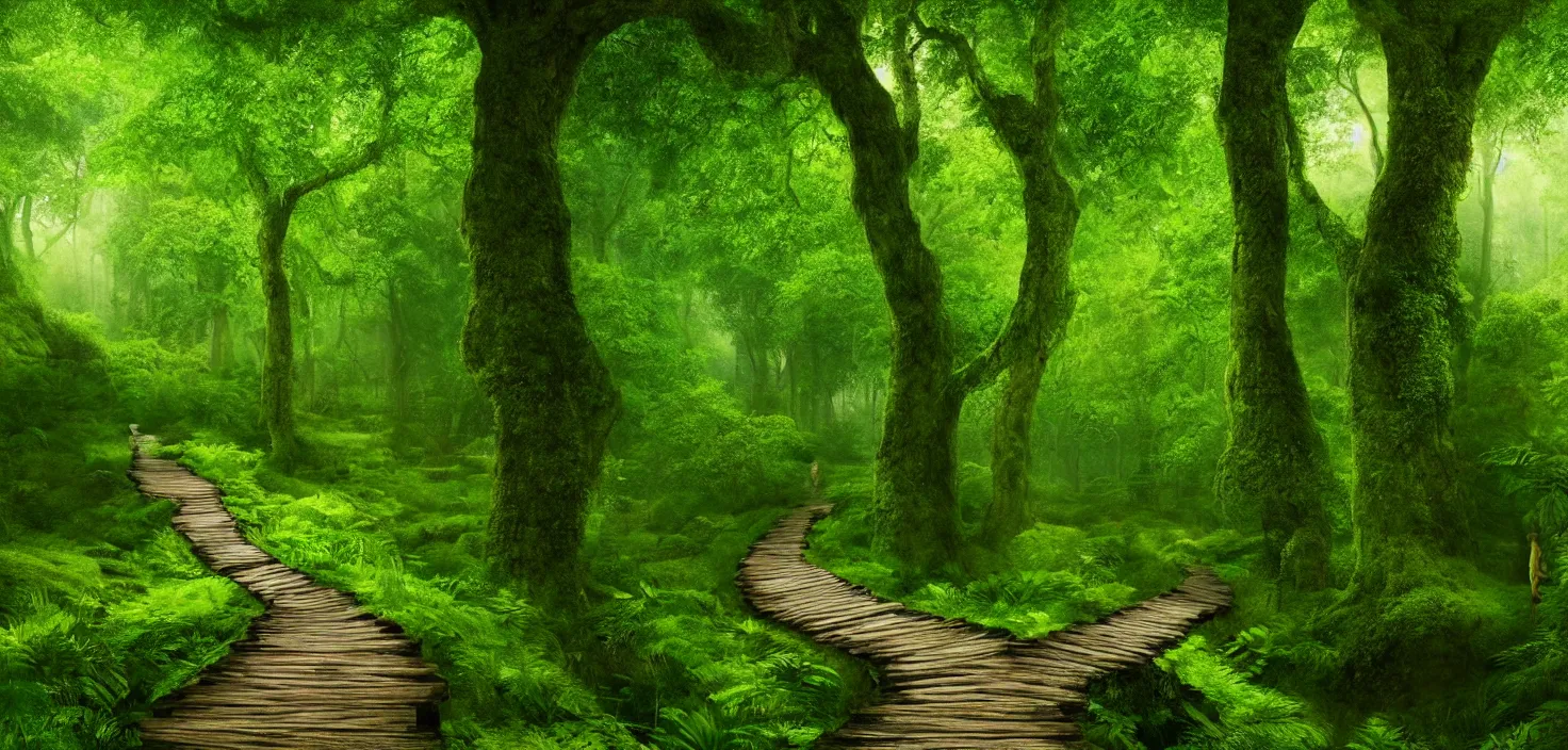 Image similar to a wooden path in the middle of a lush green forest, a detailed matte painting by john eyre, shutterstock contest winner, magical realism, enchanting, matte painting, mystical