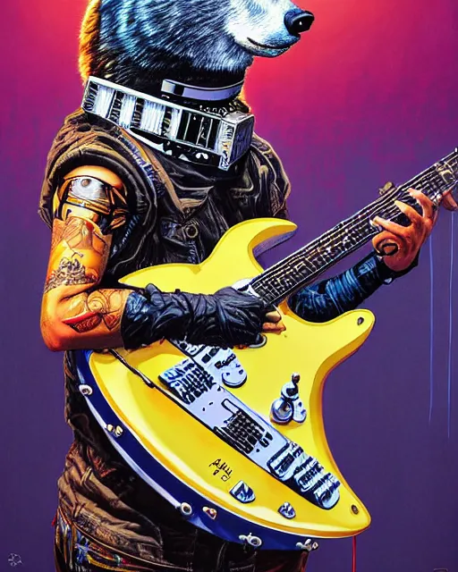 Image similar to a portrait of an anthropomorphic cyberpunk bear shredding an electric guitar by sandra chevrier, by jon foster, detailed render, tape deck, epic composition, cybernetics, 4 k realistic, cryengine, realistic shaded lighting, sharp focus, masterpiece, by enki bilal