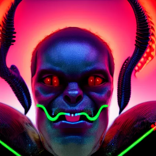 Image similar to synthwave demonic alien face with neon horns, detailed face, sharp focus, synthwave art, aesthetic, octane render, raw, cinematic