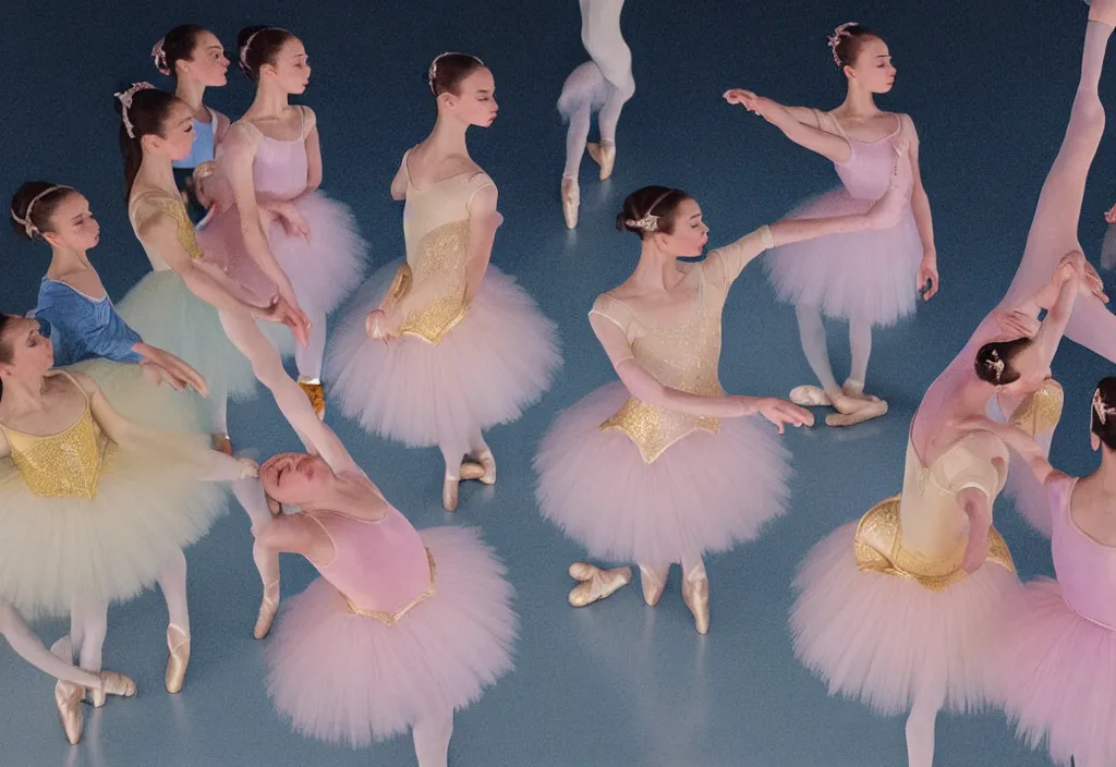 Prompt: high angle view photograph 3 ballet girls prepairing to the show by the mirrows, swan lake, detailed, golden hour, Bleach bypass, pastel colors, digital 2D, soft lights, polaroid, High-key lighting, Charlie Bowater, James Jean, Kehinde Wiley, Shadi Ghadirian, Craig Wiley, Gerhard Richter