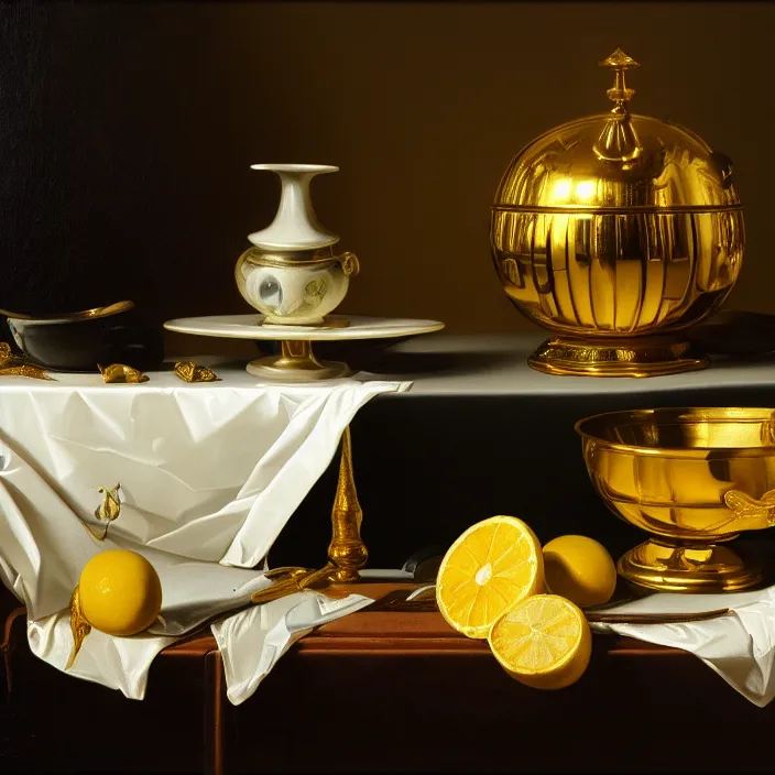 Prompt: still life painting of random vaporwave objects by pieter claesz, oil on canvas, strong lighting, highly detailed, hyper realism, golden hour, god rays, hd, 4 k