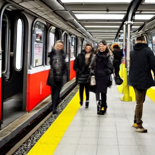 Image similar to people of rer b, subway, vivid atmosphere, happy mood