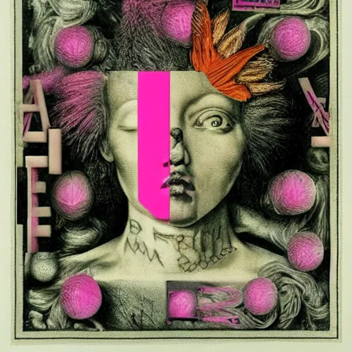 Image similar to post - punk new age album cover, asymmetrical design, frame of a dollar bank notes, capitalism, magic, apocalypse, psychedelic, black white pink, magic, giger h. r., giuseppe arcimboldo