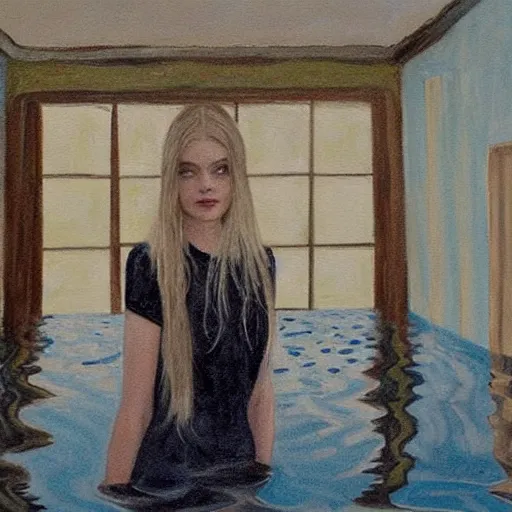 Prompt: painting of Elle Fanning in a flooded house interior, by metaphysical style