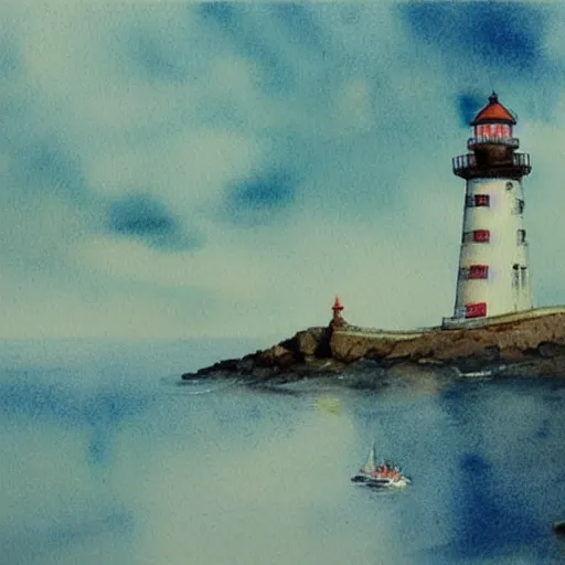 Image similar to Complex hyperdetailed serene masterpiece sketch of a captivating lighthouse, sailboats soaring in the wind, by Orris Moe, complex detailed watercolor painting, cinematic lighting, illogical surrealsim, absurd.